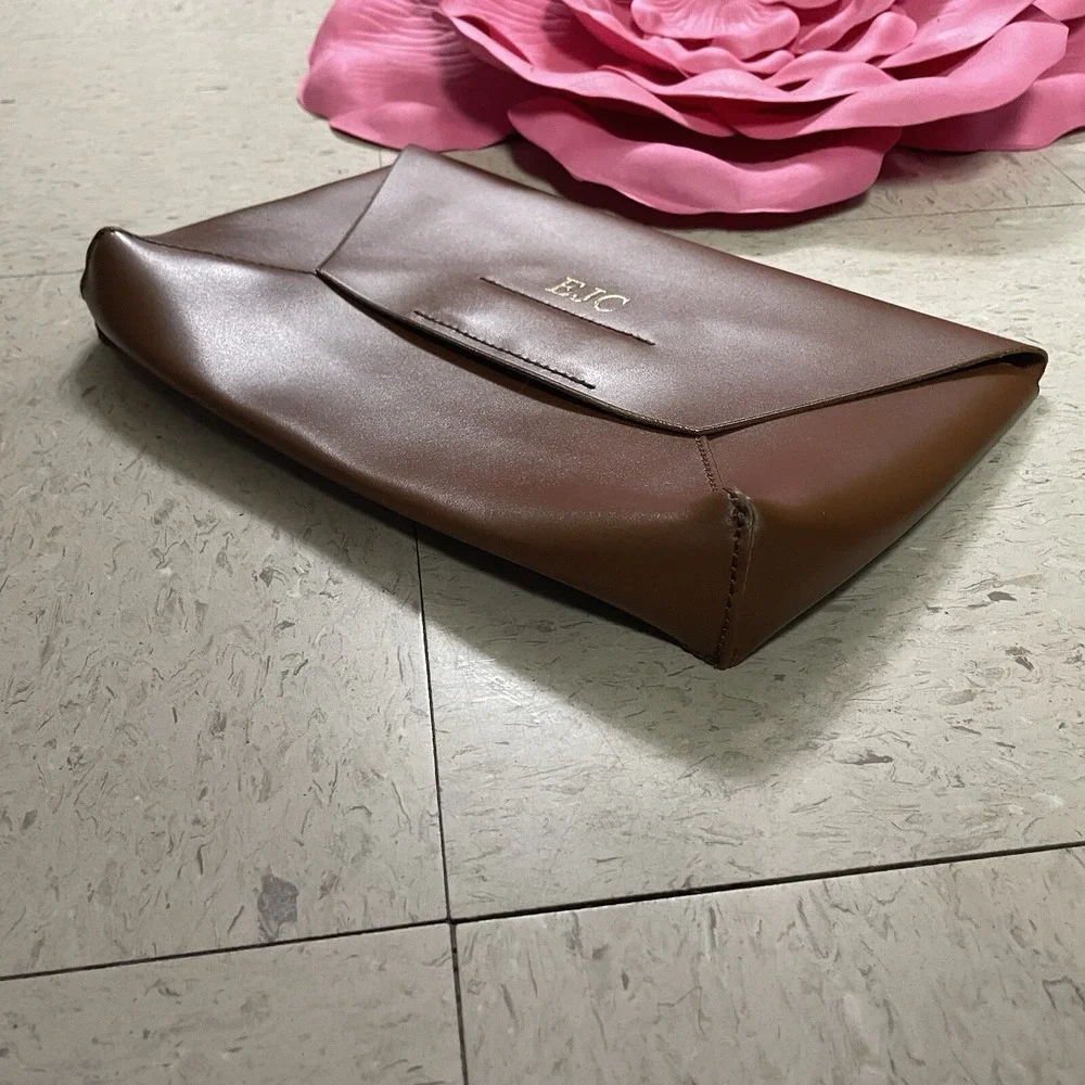 J CREW Brown Smooth‎ Leather Structured Flap Closure Envelope Clutch Monogrammed